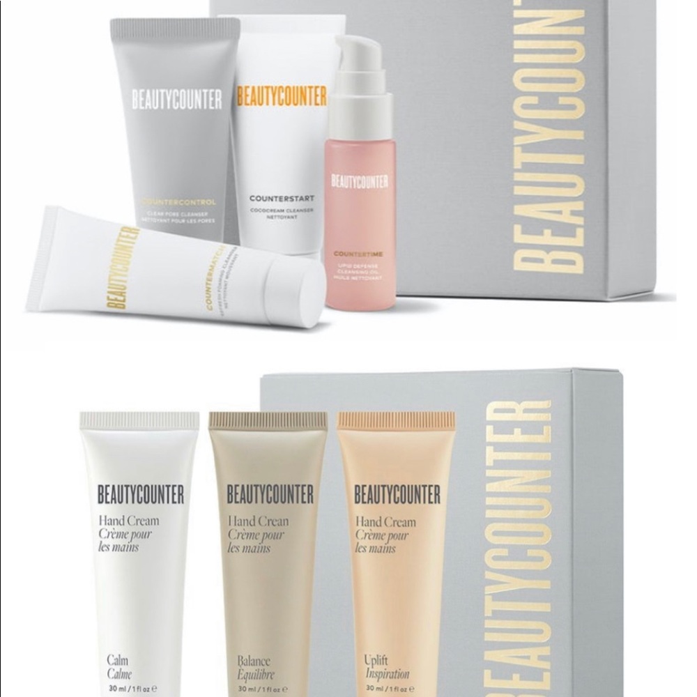 NEW beautycounter lot-Clean Sweep Minis, Good Scents Hand Cream Trio, makeup bag